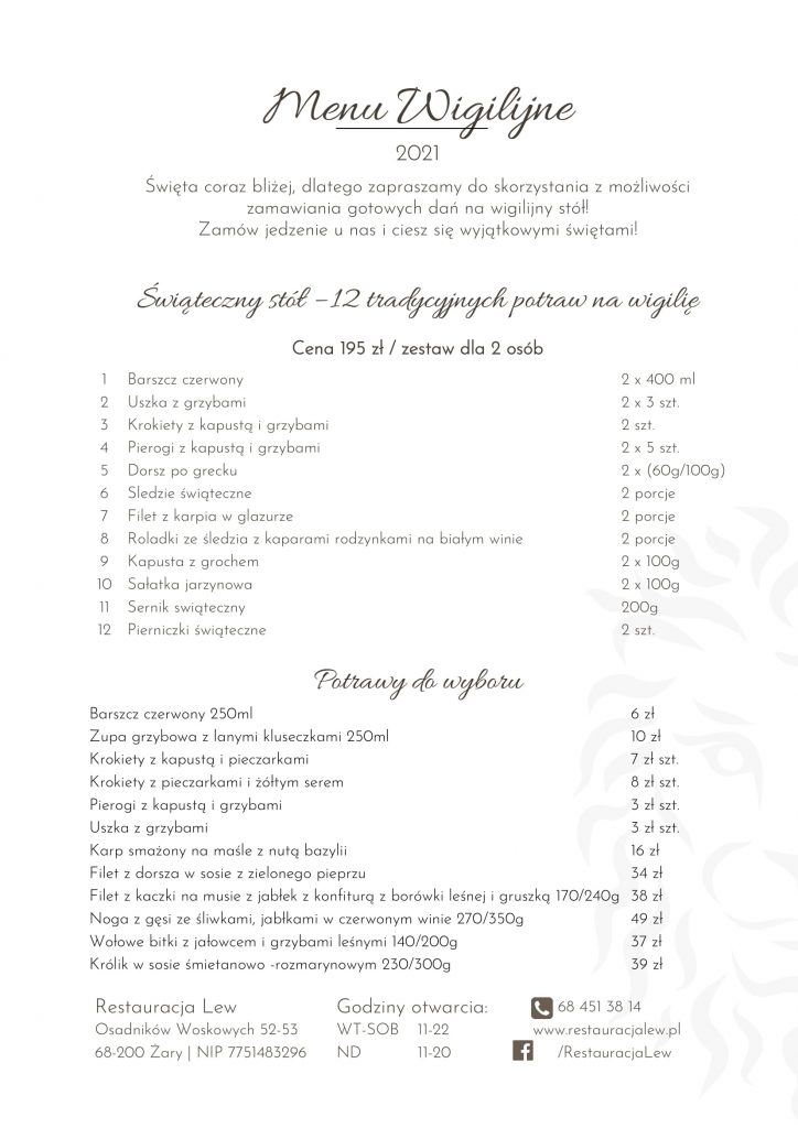 Święta w Restauracji Lew-menu 1