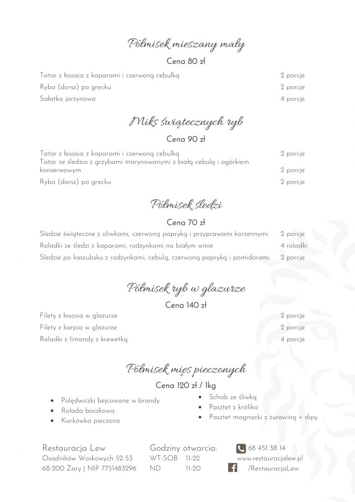 Święta w Restauracji Lew - menu 2